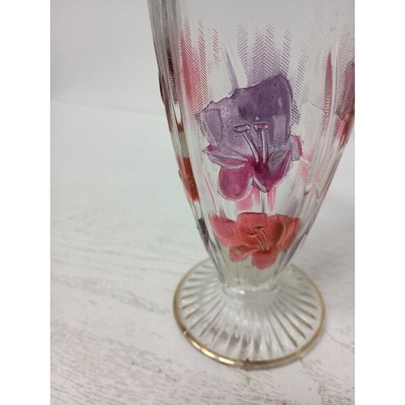 Vintage Carnival Glass Clear Pink Floral Footed Flower Vase Mid Century Modern - Picture 2 of 8